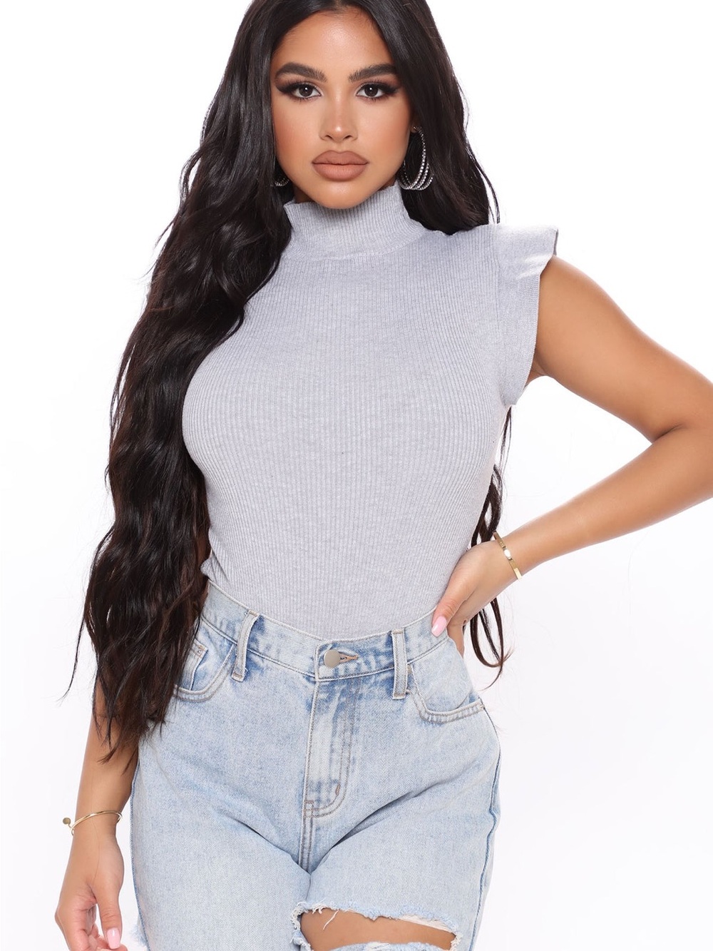 Fashion Nova Ribbed Sleeveless‎ Gris Gray Bodysuit - Size Medium